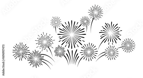 Black and white fireworks silhouette on white background