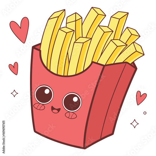 Adorable french fries cartoon character with hearts, perfect for fun food designs and celebrating simple joys with a touch of kawaii sweetness