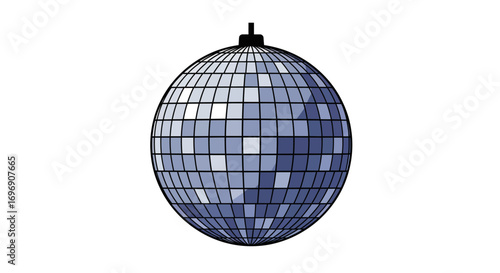 Reflective disco ball with blue tinted tiles on white background