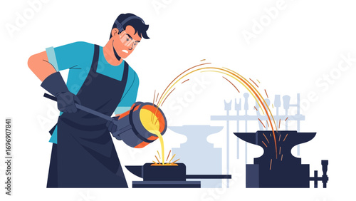 Artisan at Work: Captivating illustration of a skilled craftsman pouring molten metal onto an anvil, readying to mold and shape his creation with precision.