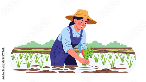 Rice Farmer in the Field: Depicts a diligent farmer, diligently planting young rice seedlings in a vibrant green paddy field, a scene of dedicated labor and connection with the land. 