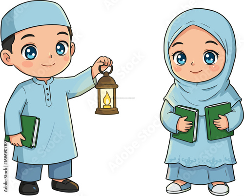 PrintMuslim boy and girl holding lantern and holy books in traditional Islamic attire, cute cartoon vector for Ramadan and education.