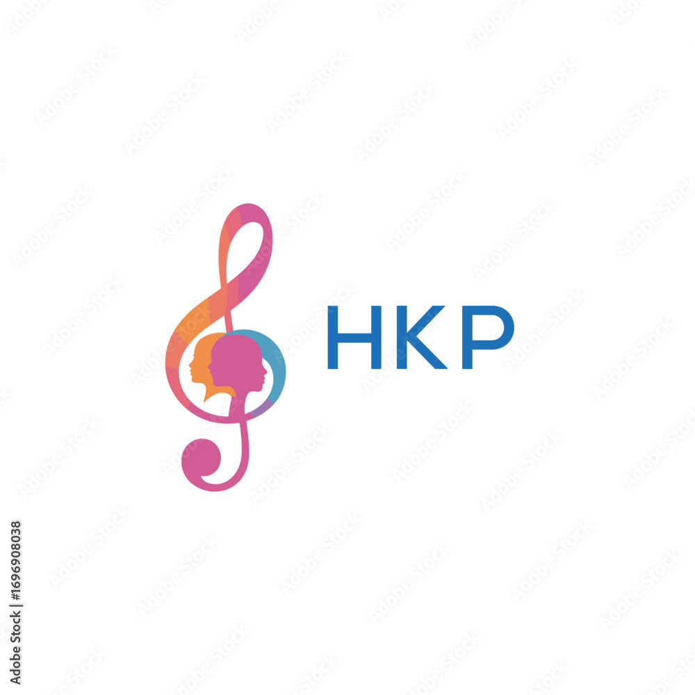 Naklejka premium HKP “Colorful music logo with human faces and treble clef design” HKP Later Logo, “Creative music academy logo with silhouette heads and notes” 