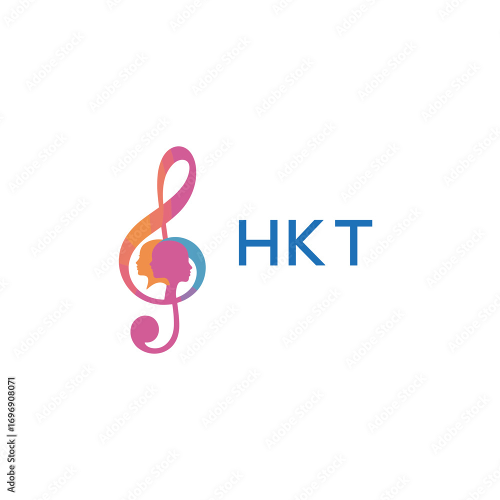 Naklejka premium HKT “Colorful music logo with human faces and treble clef design” HKT Later Logo, “Creative music academy logo with silhouette heads and notes” 