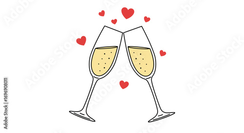 Romantic champagne toast with hearts: minimalist celebration design