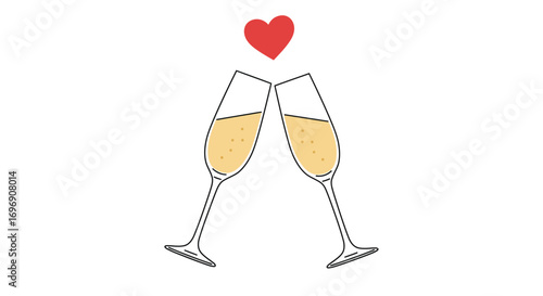 Romantic champagne toast with heart symbol and elegant flutes