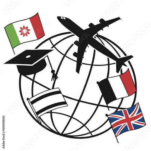 International Travel Concept With Multiple Flags and Graduation Cap globe world