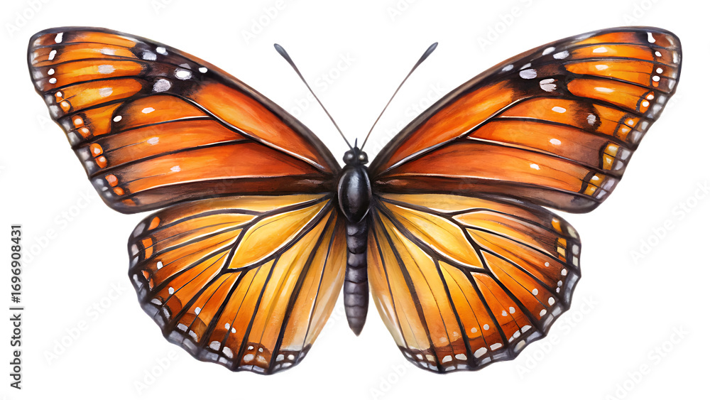 Fototapeta premium Watercolor illustration of a monarch butterfly isolated on transparent background