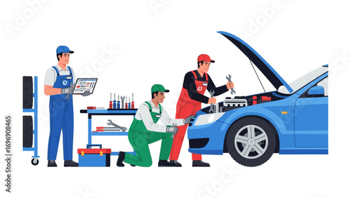 Mechanics at Work: A team of skilled mechanics diligently servicing a vehicle, showcasing expertise and teamwork in the automotive repair process.