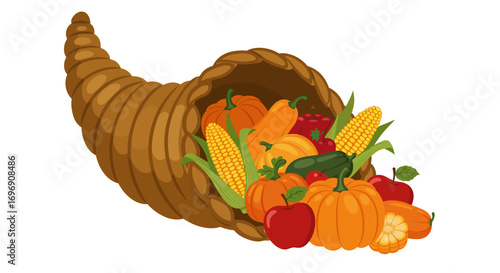 Cornucopia filled with autumn harvest bounty on white background