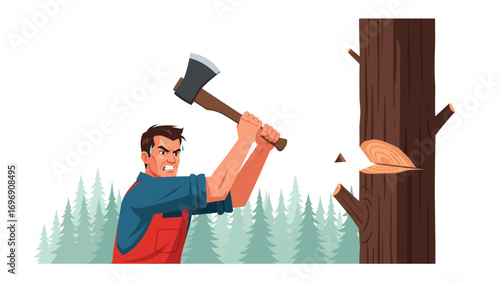 Woodsman's Duty: A sturdy woodsman tackles a towering tree with a determined swing of his axe, as woodchips fly in a vibrant illustration of labor and livelihood.