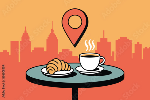 Illustration of coffee and croissant on table with city skyline and location pin above it alluding to cafe