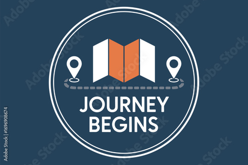 A map with two location pins connected by a dotted line within a circle that says journey begins