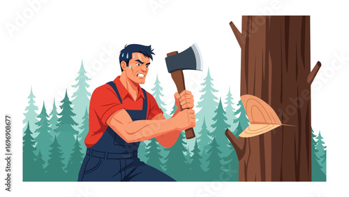 The Lumberjack: A strong lumberjack with an axe is chopping wood in the dense forest, showcasing determination, strength, and the rugged beauty of nature. 