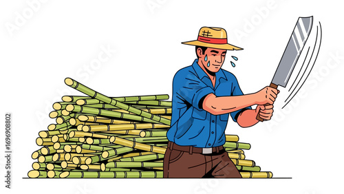 Sugarcane Harvest: A farmer wielding a machete with precision, chopping sugarcane with skillful focus, highlighting the dedication and manual labor involved in agricultural practices.