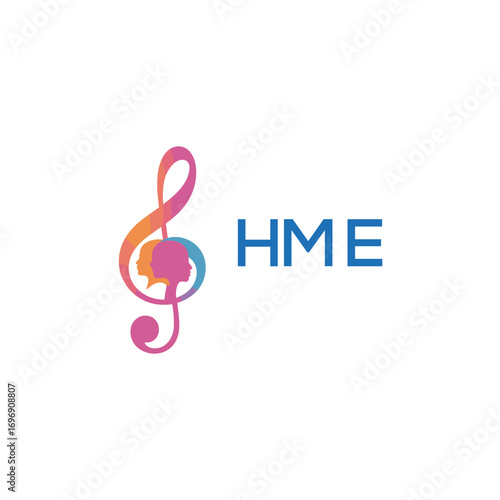 HME “Colorful music logo with human faces and treble clef design” HME Later Logo, “Creative music academy logo with silhouette heads and notes” 
