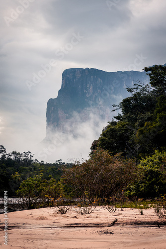 Tabletop mountain tepui in Canaima National Park, Venezuela at sunrise, with river and tree