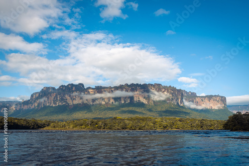 Tabletop mountain tepui in Canaima National Park, Venezuela at sunrise, with river and tree
