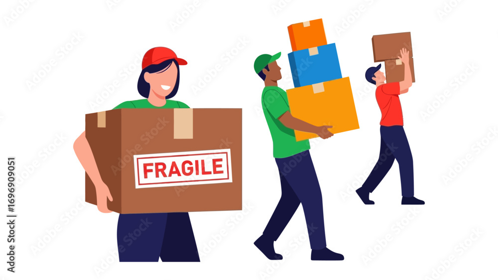Φωτογραφία Moving Day Delivery Team: A team of delivery workers carefully handles parcels, highlighting the meticulousness and dedication of the people involved in package transport