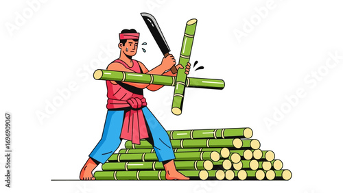 Harvesting Sugarcane: A hardworking laborer, depicted in a vibrant illustration, skillfully wields a machete to chop fresh sugarcane stalks, showcasing the essence of agricultural labor.