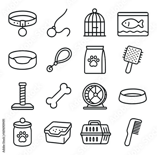 Pet supplies linear icon set. featuring collar, leash, cage, aquarium, grooming tools, food, toys, and care items