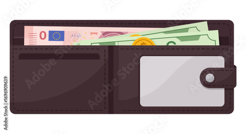 Flat design open wallet with money: euros, dollars, and coins inside