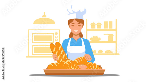 Baking Bliss: A cheerful baker, in a light-filled bakery, holds a tray of fresh, golden bread in her hands, evoking warmth and the comforting aroma of artisan craftsmanship.