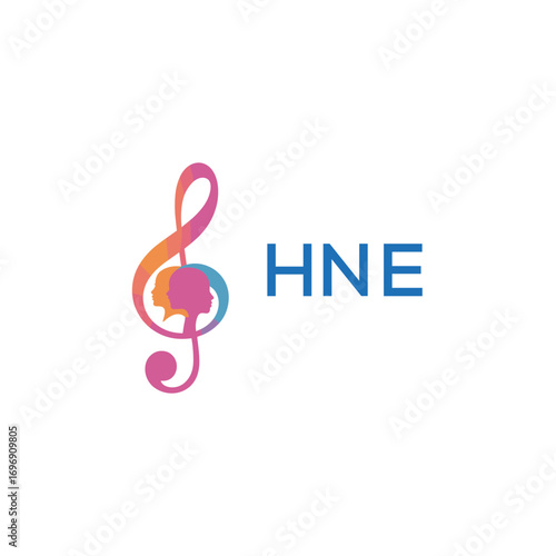HNE “Colorful music logo with human faces and treble clef design” HNE Later Logo, “Creative music academy logo with silhouette heads and notes” 
