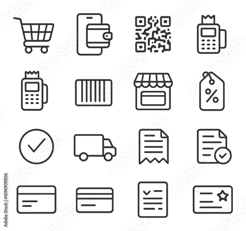 Shopping and payment linear icon set. featuring cart, wallet, qr code, discount tag, checkmark, and delivery symbols