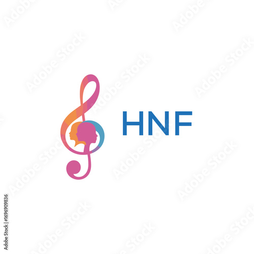 HNF “Colorful music logo with human faces and treble clef design” HNF Later Logo, “Creative music academy logo with silhouette heads and notes” 
