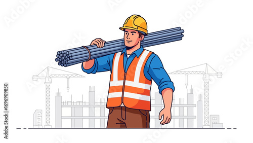 Construction Worker and Steel Bars: This illustration captures a determined construction worker carrying a bundle of steel bars.