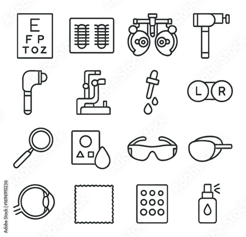 Ophthalmology and optometry linear icon set. featuring eye chart, glasses, lens, vision test, eye drops, and exam tools