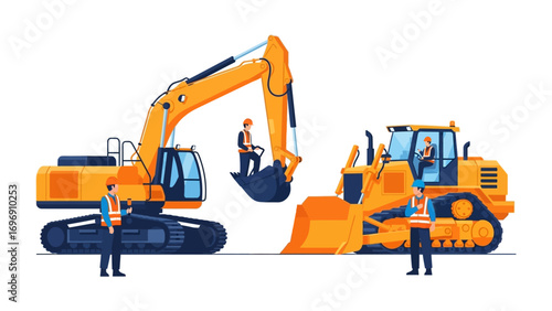 Construction machinery: A vivid illustration of modern construction sites, showcasing a powerful excavator and a bulldozer alongside workers.