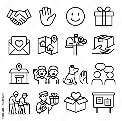 Community support linear icon set. featuring handshake, wave, smile, gift, mail, map, mailbox, package, and house icons