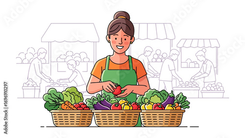 Fresh Produce Market: An inviting illustration presents a smiling vendor at a bustling farmers market, surrounded by baskets overflowing with fresh, colorful produce.