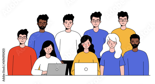 Diverse team working together with laptops in modern flat design