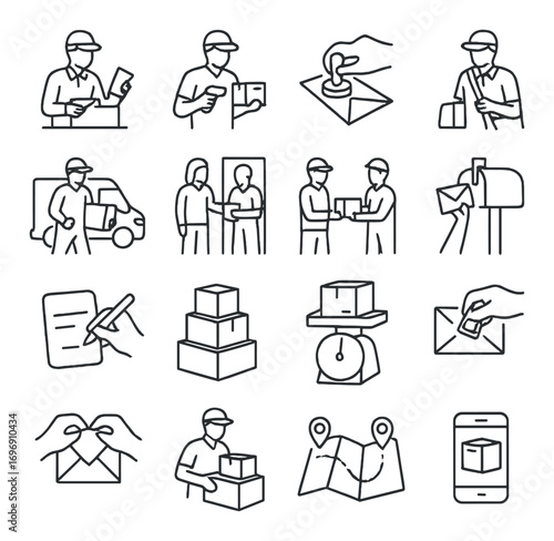 Delivery service linear icon set. featuring package, courier, mail, truck, handshake, scale, and phone