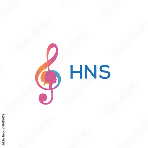 HNS “Colorful music logo with human faces and treble clef design” HNS Later Logo, “Creative music academy logo with silhouette heads and notes” 
