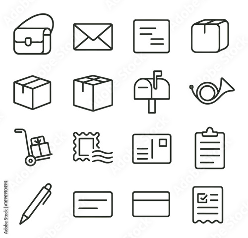 Mailing and delivery linear icon set. featuring briefcase, email, package, mailbox, postal horn, cart, and clipboard