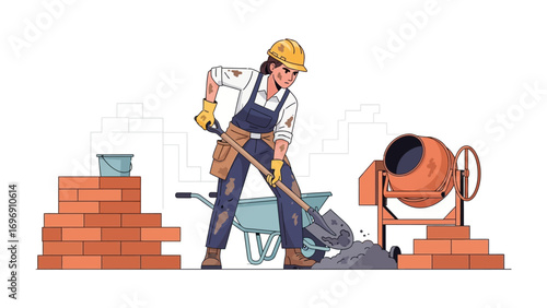 Construction Work: A skilled construction worker efficiently manages various tools, working in an illustration of a construction site with a determined attitude.