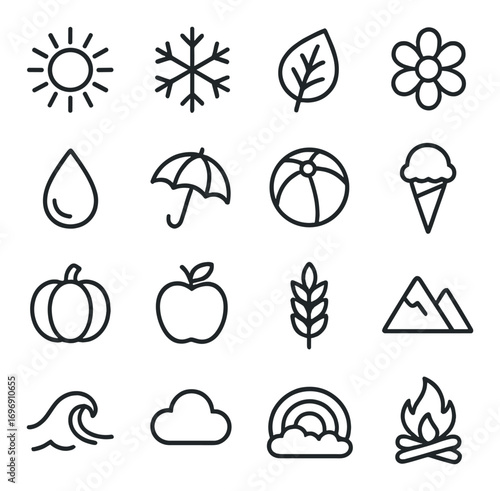 Seasonal activities linear icons set. featuring sun, snowflake, leaf, flower, drop, umbrella, ball, ice cream, and more