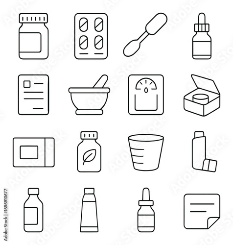 Medicine and healthcare linear icons set. featuring pills, dropper, bottle, scale, inhaler, mortar, and tablet symbols
