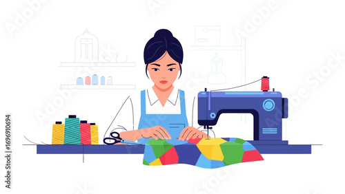 Sewing Seamstress: A dedicated seamstress, meticulously crafting a colorful patchwork quilt with an illustration style, embodies the artistry of handicraft. 