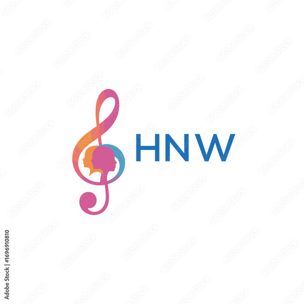 Fototapeta premium HNW “Colorful music logo with human faces and treble clef design” HNW Later Logo, “Creative music academy logo with silhouette heads and notes” 