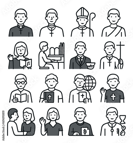 Religion and clergy linear icon set. featuring priest, nun, bishop, preacher, bible, service, sermon, and worship symbols