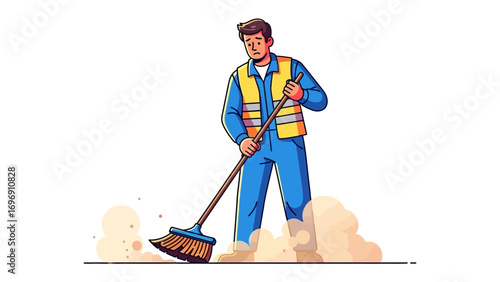 Street cleaner: A dedicated cleaner wearing a safety vest diligently sweeps the street, demonstrating a commitment to hygiene and public service.