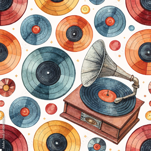 Vintage record player and vinyl records watercolor pattern.