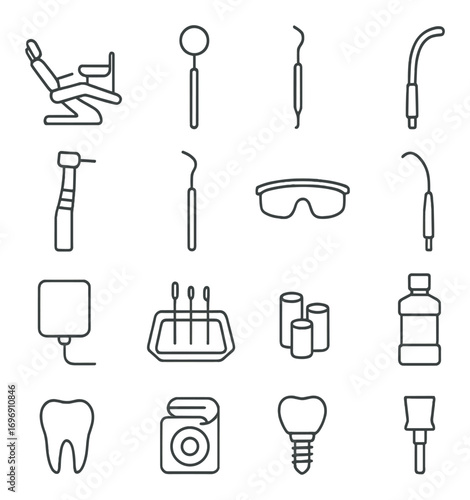 Dental equipment linear icon set. featuring chair, mirror, probe, handpiece, and dental floss symbols