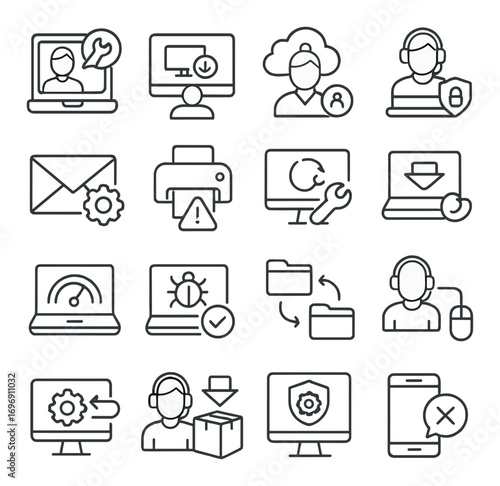 Customer support linear icon set. featuring online support, cloud, email, printing, customer feedback