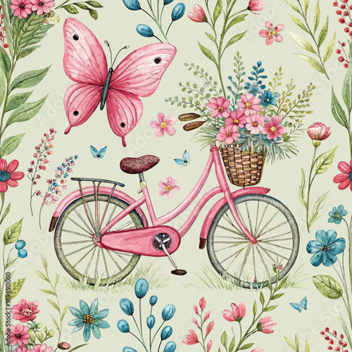 Pink Bicycle with Flowers and Butterfly Pattern basket.